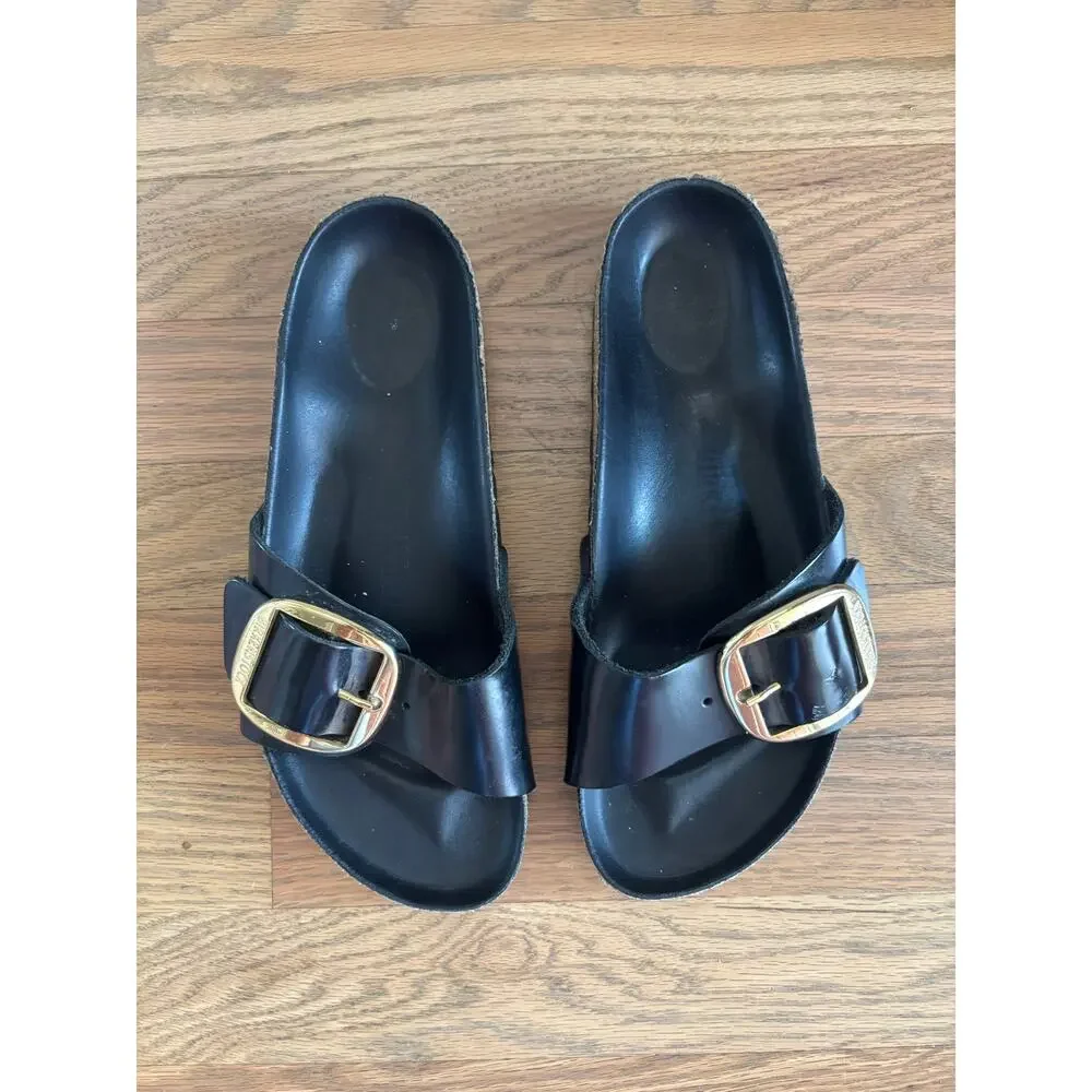 Birkenstock Madrid Big Buckle Sandals Black Leather Slip On Slide Women's Size 7